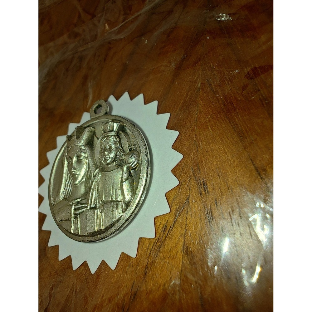 Religious Medal Virgin Mary Child Jesus Sacred Heart Silver Tone Pendant